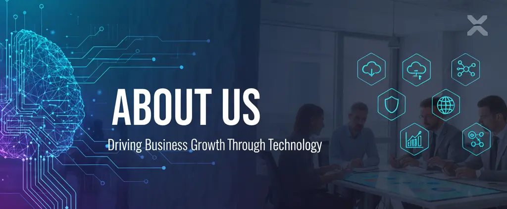 Cognito IT Consultancy team meeting with overlay of digital transformation icons and glowing AI brain graphic. Represents IT strategy and solutions.