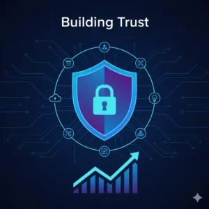 Digital shield with padlock over a rising growth graph, symbolizing building trust and security with authentic content.