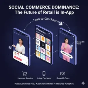Social commerce dominance in D2C e-commerce, featuring mobile screens with TikTok Shop, livestream shopping, and shoppable posts driving in-app purchases and seamless feed-to-checkout.