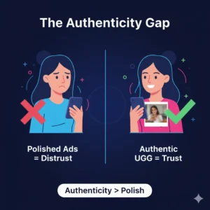 Two women looking at phones; one with a red 'X' (disengaged), another with a green checkmark (engaged), illustrating the authenticity gap.