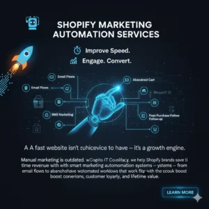 A digital flow chart or visual schematic showing interconnected marketing tasks (email, abandoned cart, retargeting) being executed automatically by a robot or gear icon.