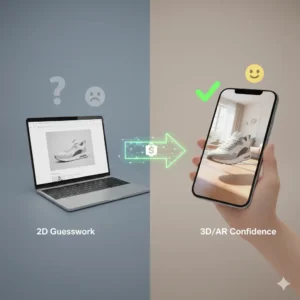 Visual comparison graphic showing the shift from 2D guesswork to 3D/AR certainty in ecommerce. The left side shows uncertainty (2D product image with a question mark), and the right side shows clear confidence (high-fidelity 3D product model with a checkmark), illustrating how immersive technology reduces returns.