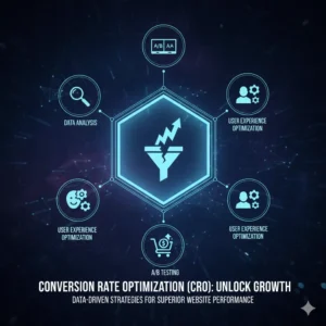 Futuristic graphic showing website data being analyzed. A funnel visualizes visitor traffic flowing in and successfully converting into a positive result, symbolized by an upward trend line on a screen labeled CRO.
