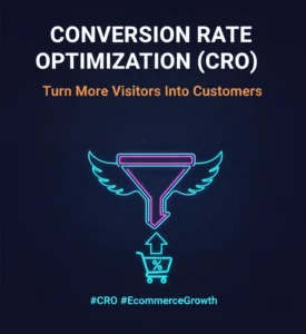 Digital marketing graphic of a glowing conversion funnel pouring money into a shopping cart, symbolizing Conversion Rate Optimization (CRO) for increased sales.