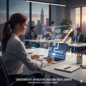 A professional woman in an office setting interacting with a transparent, glowing screen overlaying her laptop, displaying CRO metrics, user journey maps, and an upward-trending growth chart, surrounded by colleagues.