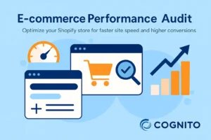 Illustration showing Shopify performance audit concept with shopping cart, speedometer, magnifying glass, and growth chart icons — representing store optimization and higher conversions.