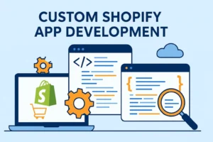 Flat illustration showing a laptop with the Shopify logo and coding screens, representing custom Shopify app development, private app solutions, and Shopify API integration.