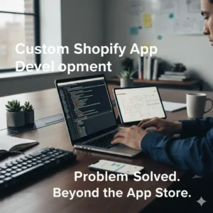 A developer at a desk, deeply focused on coding on a laptop, with a tablet displaying a workflow diagram and a smartphone nearby. The image prominently features the overlaid text: "Custom Shopify App Development" and "Problem Solved. Beyond the App Store." This illustrates bespoke coding solutions for unique e-commerce challenges.