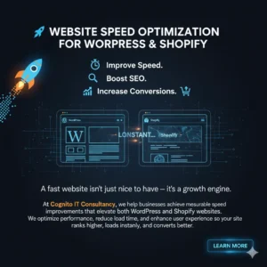 A digital graph or dashboard visual showing a significant reduction in website load time, with arrows pointing up towards "SEO," "Conversions," and "Performance."