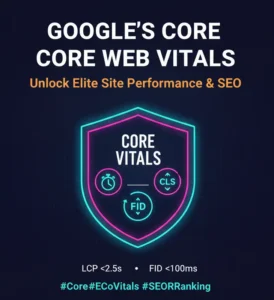 Shield icon representing Google's Core Web Vitals with LCP, FID, and CLS symbols inside, signifying website performance and SEO ranking factors.