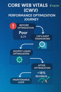 Infographic illustrating the Core Web Vitals (CWV) optimization journey from audit to implementation, revenue uplift, and ongoing maintenance, with a CTA for a free CWV audit by Cognito IT Consultancy.