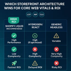 Infographic comparing Shopify Liquid, Hydrogen, and Headless architectures for Core Web Vitals performance and ROI, branded by Cognito IT Consultancy.