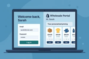 Futuristic Shopify B2B e-commerce wholesale portal interface showing personalized login, custom pricing, and self-service account features, branded by Cognito IT Consultancy.