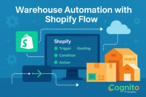 Flat illustration showing warehouse automation using Shopify Flow Automation with visual elements of warehouses, shipping boxes, cloud integration, triggers, conditions, and the Cognito IT Consultancy logo.