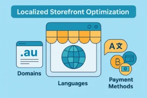 Infographic showing Shopify Markets Pro localized storefront optimization with icons for regional domains, multilingual support, and local payment methods for global e-commerce success.