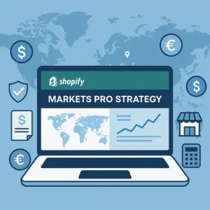 Flat illustration of Shopify Markets Pro Strategy showing a global e-commerce dashboard, currency icons, and international market expansion visuals on a laptop screen.