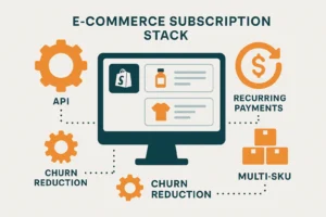 Illustrated flow diagram showing Shopify subscription e-commerce architecture — multi-SKU boxes, API integration, and recurring revenue automation.