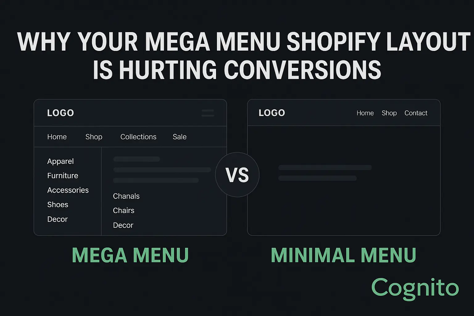 A visual comparison showing why a mega menu Shopify setup reduces conversions and how a minimalist navigation strategy performs better.