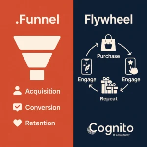 Side-by-side comparison graphic showing the high-cost acquisition funnel versus the profitable retention flywheel for Shopify brands, designed by Cognito IT Consultancy.