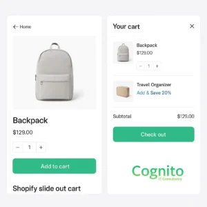 Shopify slide out cart example with upsell offer and Cognito branding
