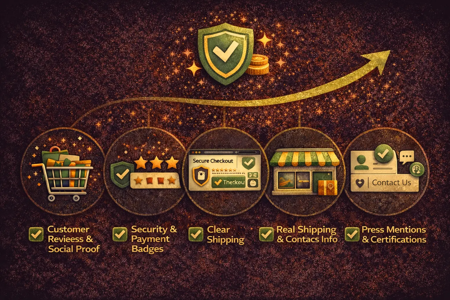 Cognito-branded featured image with a dark background showing five trust signals for Shopify homepages using icons and labels, including reviews, security badges, shipping clarity, brand identity, and certifications.