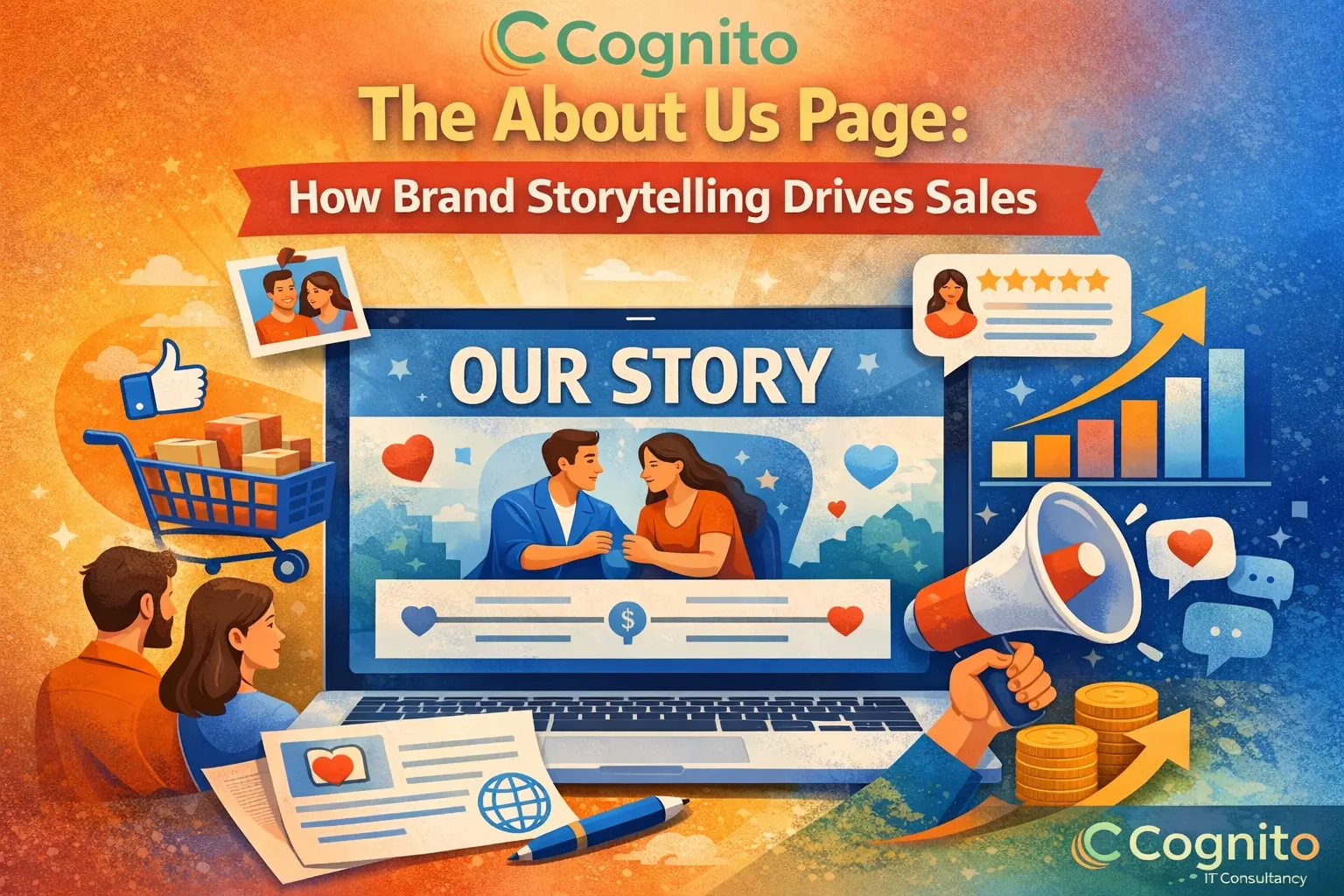 About Us page brand storytelling illustration showing how trust, emotional connection, and differentiation drive sales for modern brands