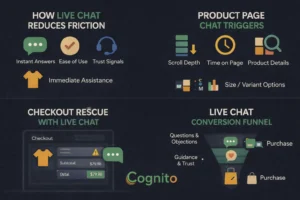 Cognito-branded landscape infographic showing how live chat reduces friction, triggers on product pages, rescues checkout abandonment, and guides users through a live chat conversion funnel using icons and labels.