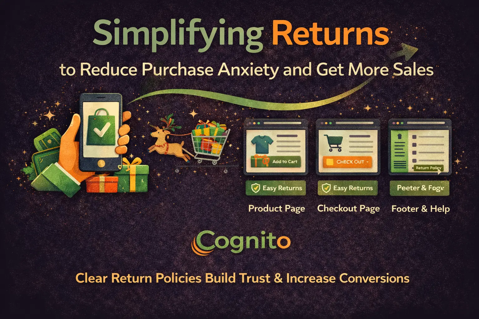 Cognito-branded dark featured image illustrating how simplifying returns reduces purchase anxiety through easy policies, clear communication, and customer confidence.