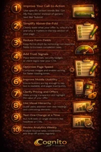 Cognito-branded vertical infographic showing a CRO checklist with 10 numbered optimization tips, including improving call-to-actions, simplifying messaging, reducing form fields, adding trust signals, optimizing speed, mobile usability, testing, and analytics review.