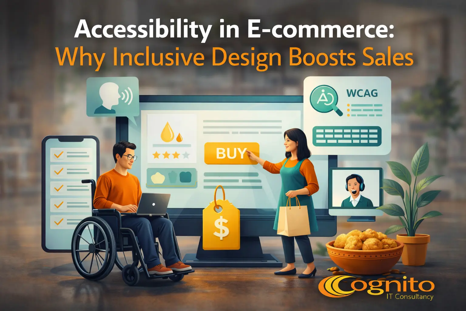 Cognito-branded featured image showing a realistic e-commerce website interface representing accessibility in e-commerce, inclusive design, improved usability, and increased online sales.