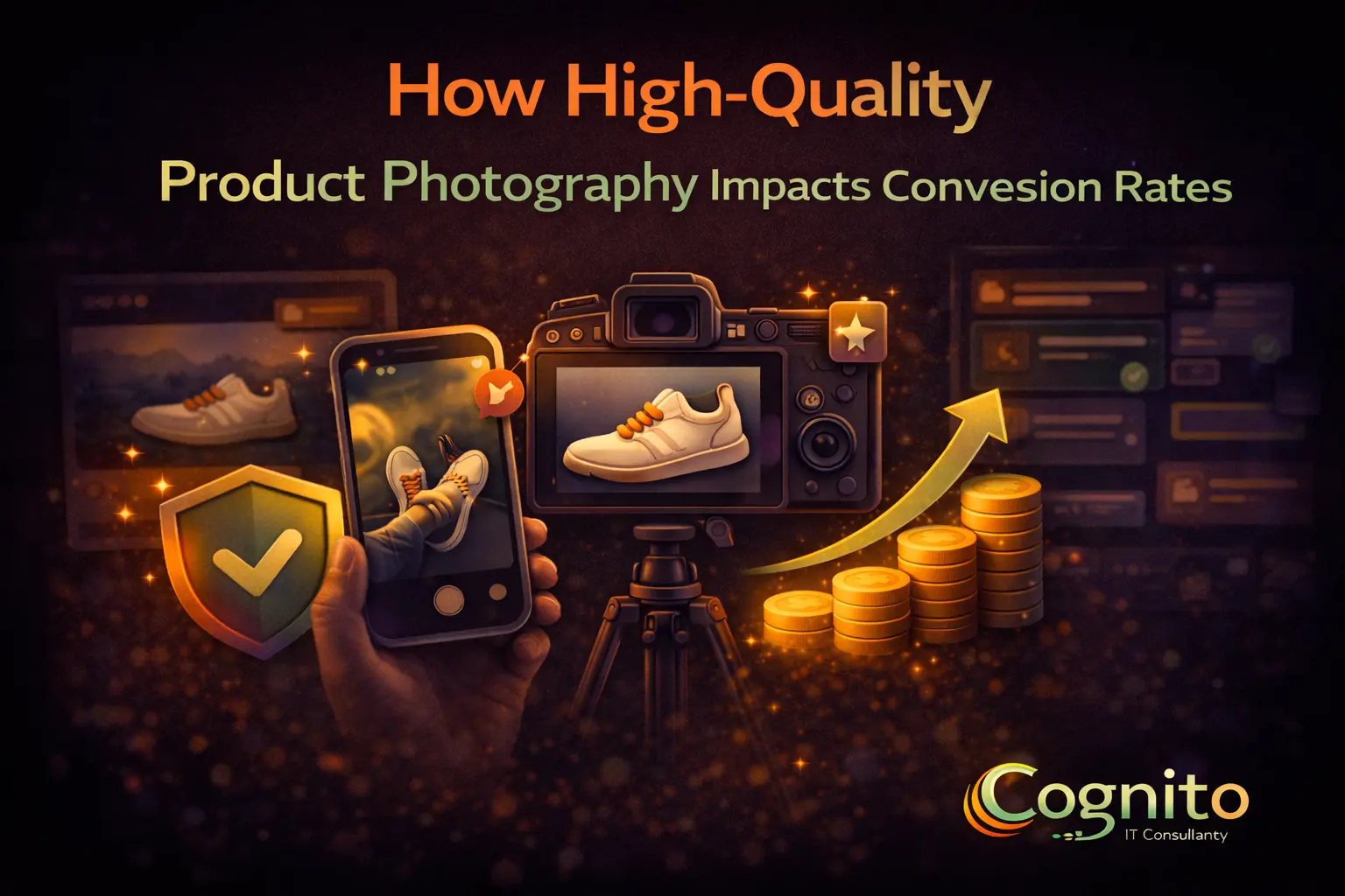 Cognito-branded featured image showing high-quality product photography with professional images, user-generated visuals, and conversion growth icons illustrating increased trust and sales.