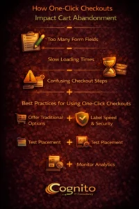 Cognito-branded vertical infographic with icons and labels showing how one-click checkouts reduce cart abandonment by eliminating form fields, improving speed, simplifying checkout steps, and applying checkout best practices.