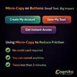 Cognito-branded infographic showing micro-copy button examples and friction-reducing messages that improve user confidence and conversions.