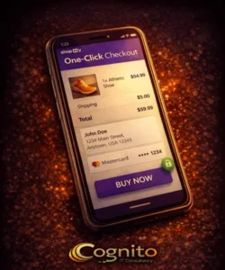 Cognito-branded mobile mockup showing a one-click checkout screen with saved shipping and payment details, secure purchase confirmation, and a fast buy now button.