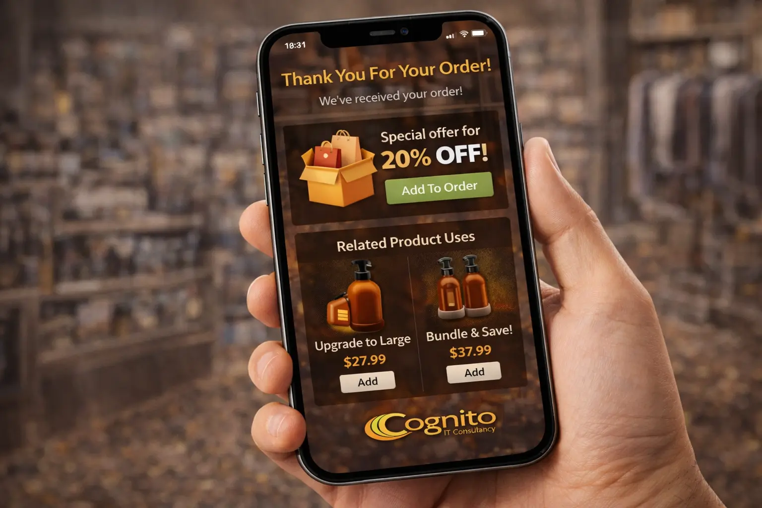 Cognito-branded mobile mockup showing a live-website post-purchase upsell screen with a thank-you message, one-click add-to-order offer, and related product recommendations.
