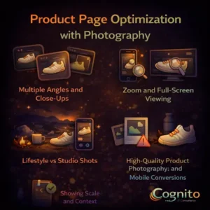 Cognito-branded dark infographic illustrating product page optimization with photography, including multiple angles, zoom viewing, lifestyle versus studio shots, mobile-first visuals, and scale context.