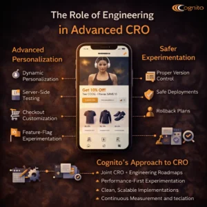 Cognito-branded dark infographic with a realistic mobile Shopify mockup and icons showing the role of engineering in advanced CRO, including dynamic personalization, server-side testing, safe deployments, rollback plans, and CRO engineering alignment.