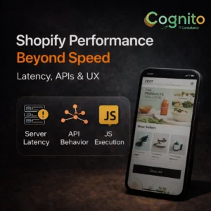 Shopify performance beyond speed showing server latency, API behavior, and JavaScript execution with a mobile Shopify store UX mockup