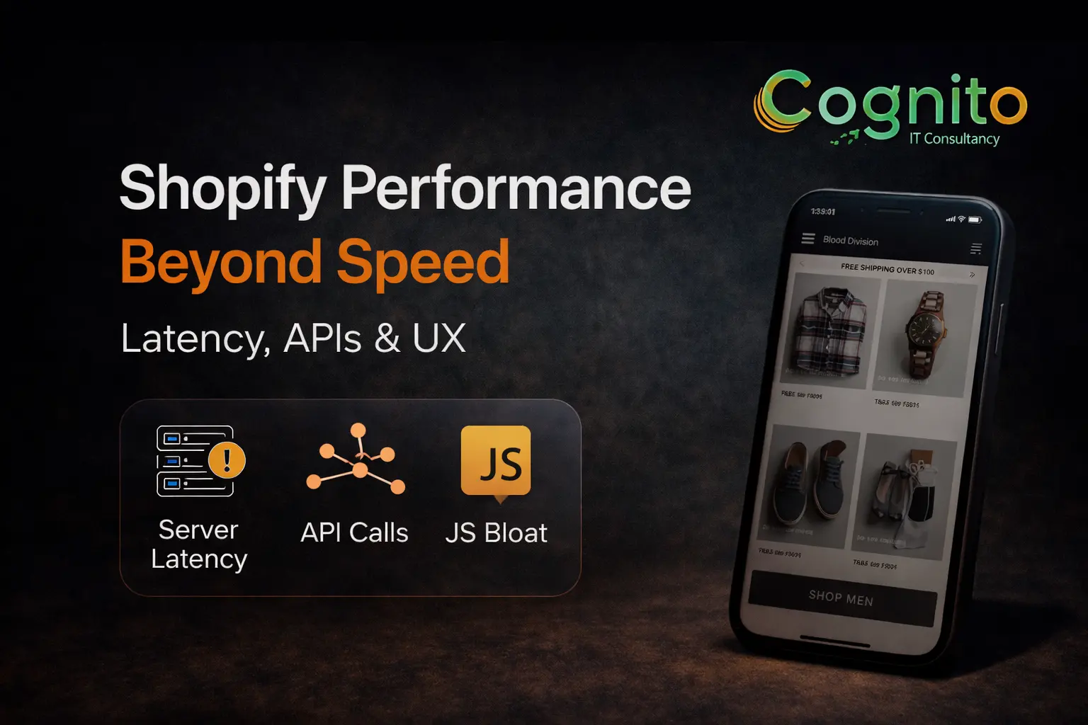 Shopify performance beyond speed illustrated with latency, API flow, JavaScript execution, and mobile UX optimization