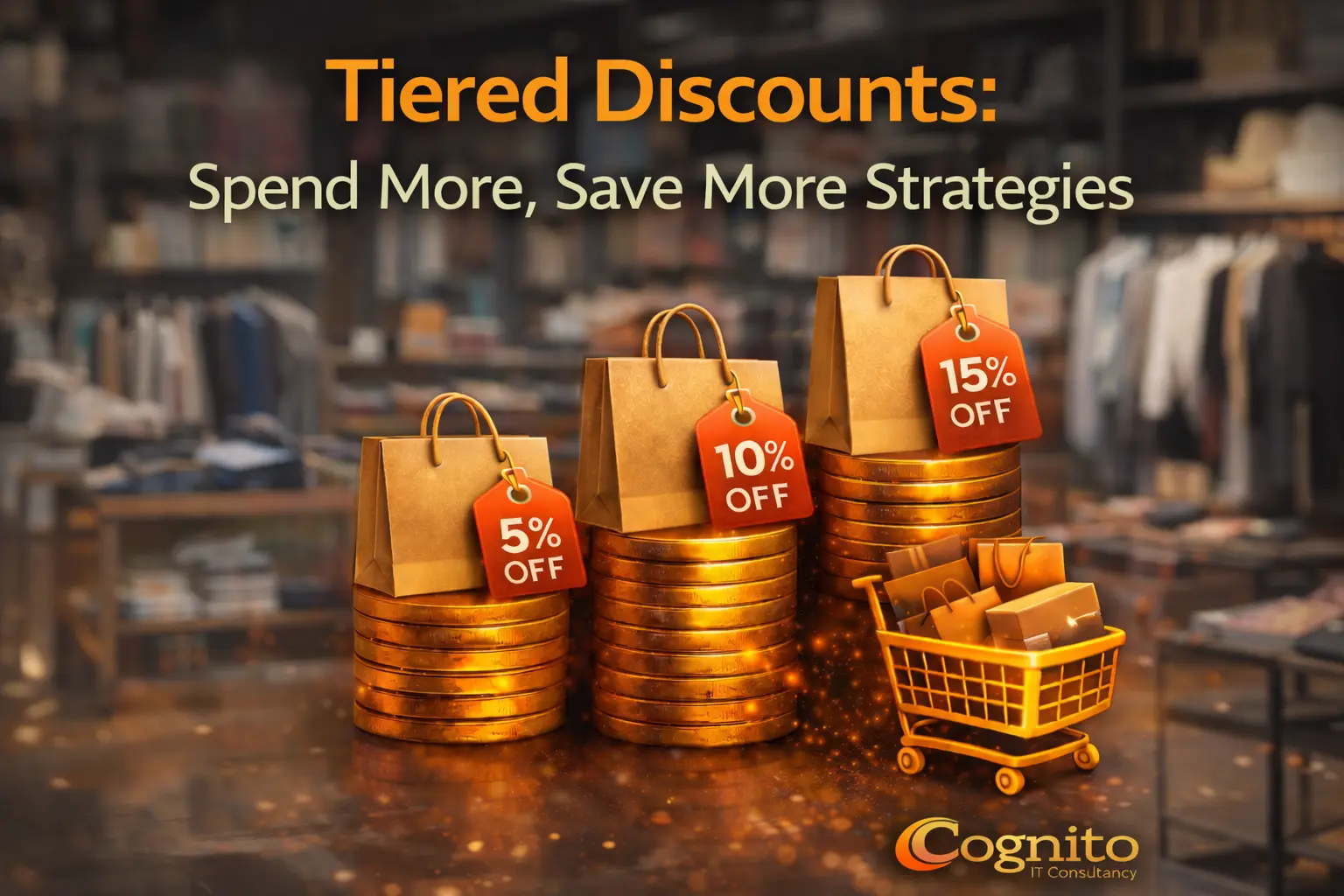 Cognito-branded featured image showing tiered discounts with realistic shopping bags on stacked coins labeled 5%, 10%, and 15% off, representing spend more, save more pricing strategies.