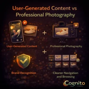 Cognito-branded dark infographic comparing user-generated content and professional photography, highlighting authenticity, visual quality, brand recognition, and cleaner navigation.