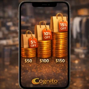 Cognito-branded mobile mockup showing tiered discounts with shopping bags on stacked coins labeled 5%, 10%, and 15% off at $50, $100, and $150 spend levels.