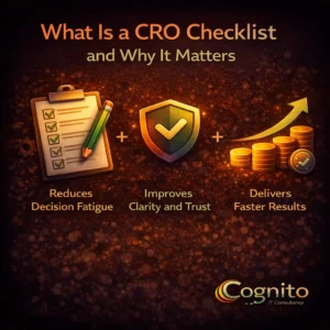 Cognito-branded dark infographic showing a CRO checklist with icons for reducing decision fatigue, improving clarity and trust, and delivering faster conversion results.