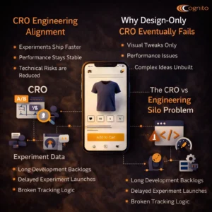 Cognito-branded dark 1:1 infographic with a realistic mobile mockup and icons showing CRO engineering alignment, including faster experiment launches, stable performance, reduced technical risk, and issues caused by CRO and engineering silos.