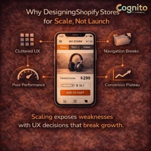 Cognito-branded dark infographic with a realistic mobile Shopify storefront mockup and icons showing why designing Shopify stores for scale matters, including cluttered UX, broken navigation, performance issues, and stalled conversions.