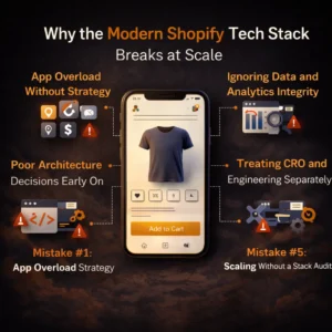 Cognito-branded dark infographic with a mobile Shopify mockup and icons showing why the modern Shopify tech stack breaks at scale, including app overload, poor architecture, analytics issues, CRO and engineering misalignment, and lack of audits.