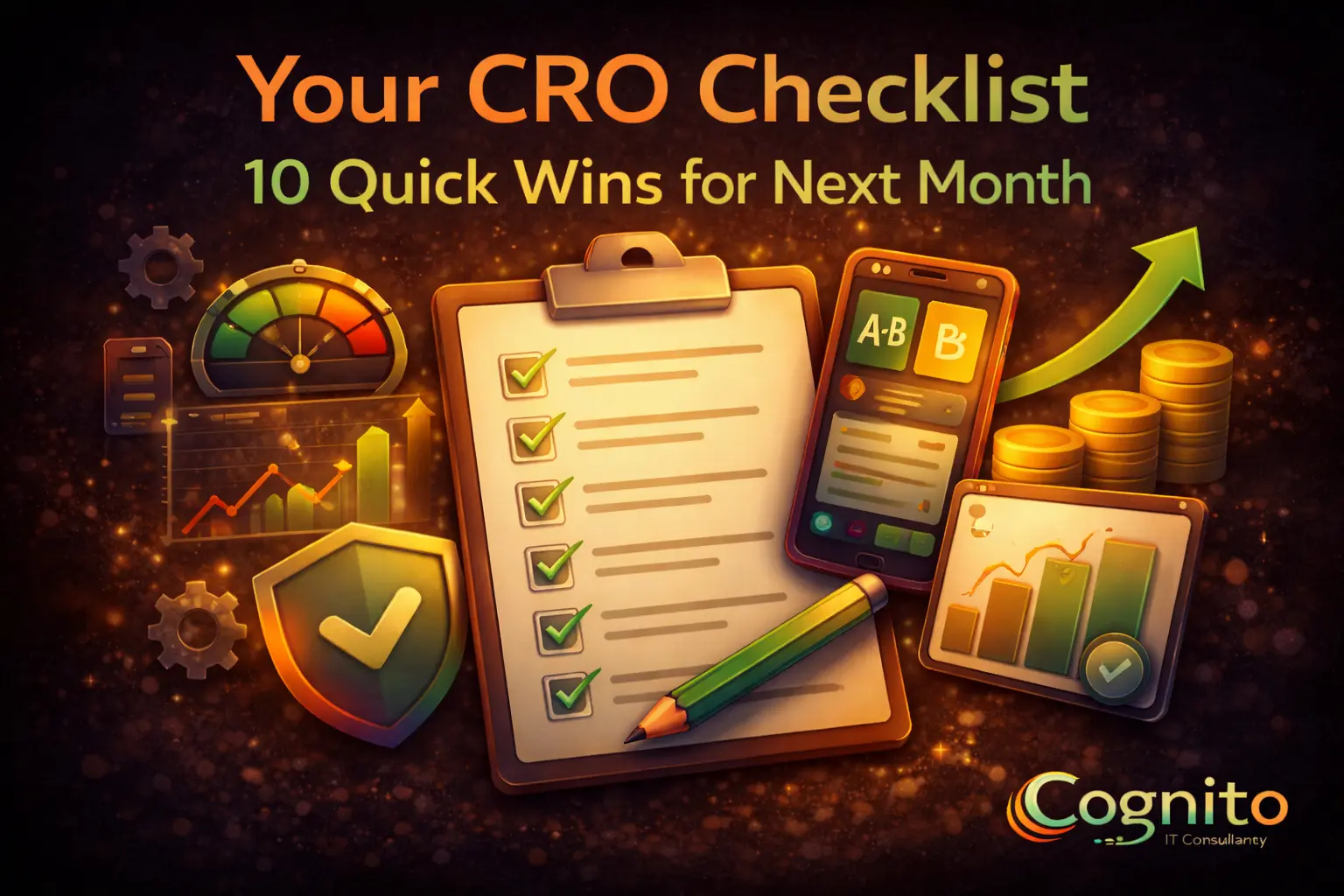 Cognito-branded featured image showing a CRO checklist with icons for A/B testing, analytics, trust signals, and conversion growth representing quick optimization wins.