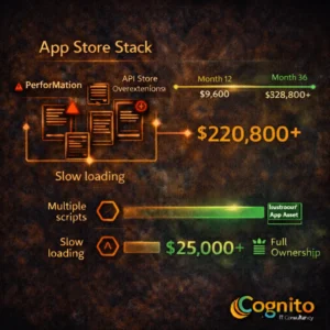 Dark Cognito IT Consultancy infographic showing a 3-year ROI timeline comparing Shopify App Store subscription stacking costs with a one-time custom Shopify app investment.