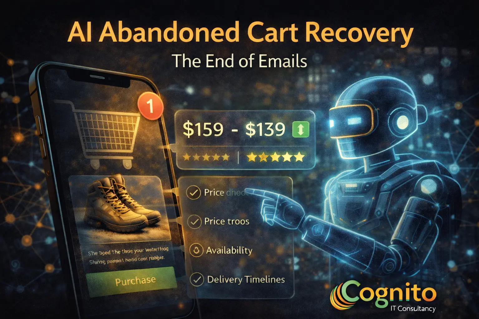 Dark Cognito IT Consultancy featured image showing AI Abandoned Cart Recovery, with a smartphone cart, price drop notification, star ratings, and an AI agent using reasoning to complete checkout.