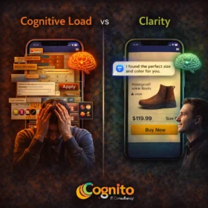Dark Cognito IT Consultancy graphic comparing cognitive load versus clarity, showing an overwhelmed shopper with cluttered filters on one side and an AI Agentic Storefront mobile mockup providing a clear product recommendation on the other.